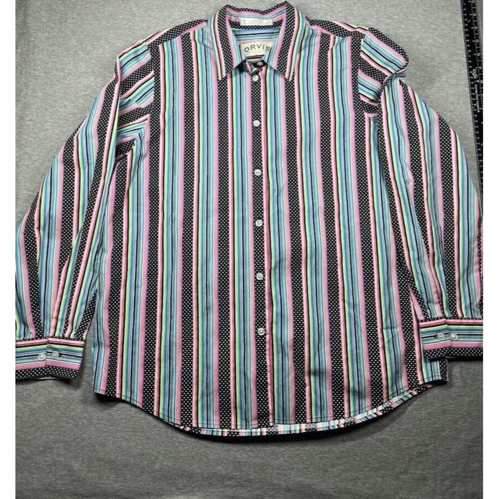 Orvis Womens Wrinkle Free Shirt Button Multicolor Stripe Polka Dots Bright Sz 12
